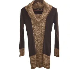 Cozy Shawl Collar Sweater Tunic | Brown & Oatmeal Knit | Medium